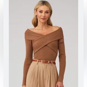 ASTR THE LABEL OFF THE SHOULDER CRISS CROSS FRONT RIBBED ZAYLA SWEATER